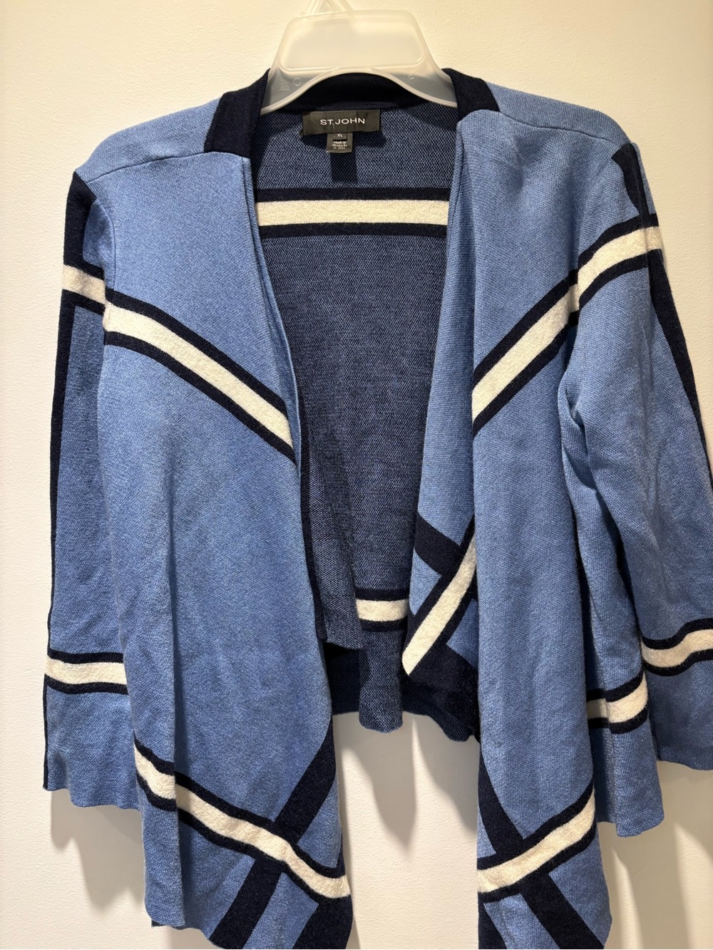 St. John Light Blue Navy and White Open-Front Striped Cardigan